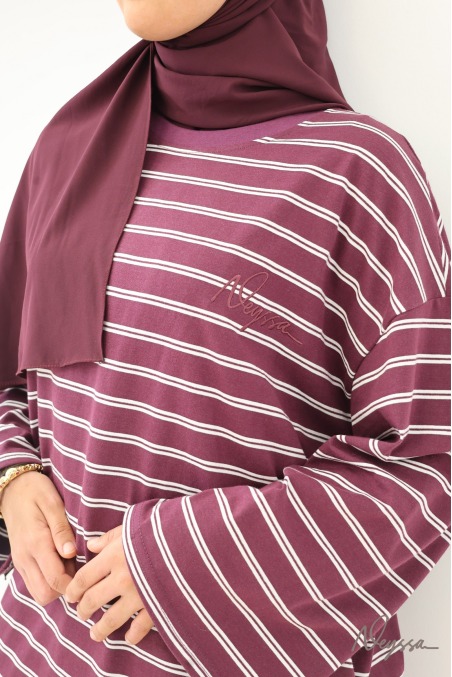 T-shirt rayé femme voilée bordeaux / rayures blanches | Neyssa