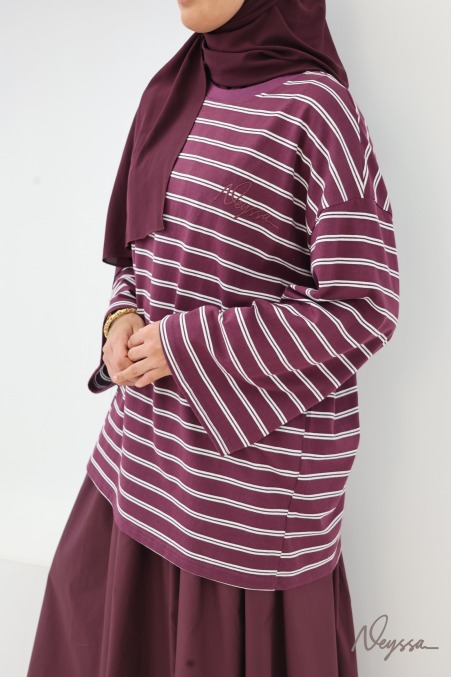 T-shirt rayé femme voilée bordeaux / rayures blanches | Neyssa