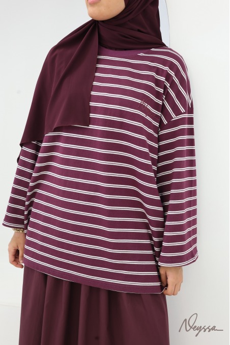 T-shirt rayé femme voilée bordeaux / rayures blanches | Neyssa