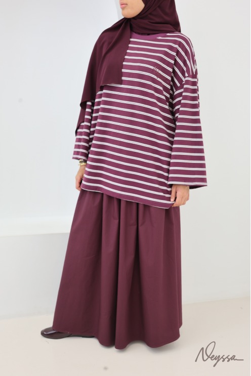T-shirt rayé femme voilée bordeaux / rayures blanches | Neyssa