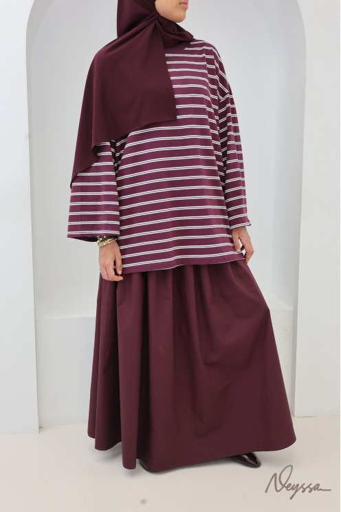 T-shirt rayé femme voilée bordeaux / rayures blanches | Neyssa