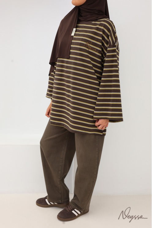 T-shirt rayé femme voilée marron | Neyssa