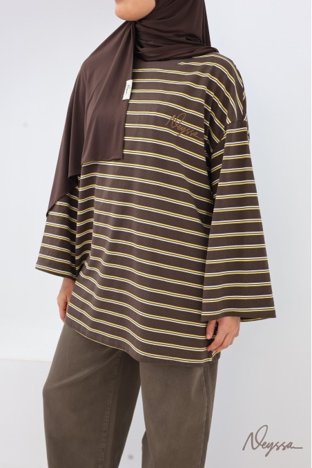Brown Striped Modest T-Shirt for Women | Neyssa