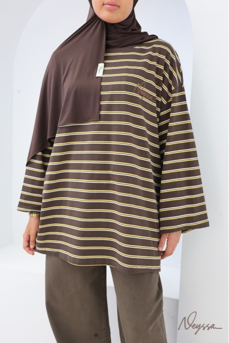 T-shirt rayé femme voilée marron | Neyssa