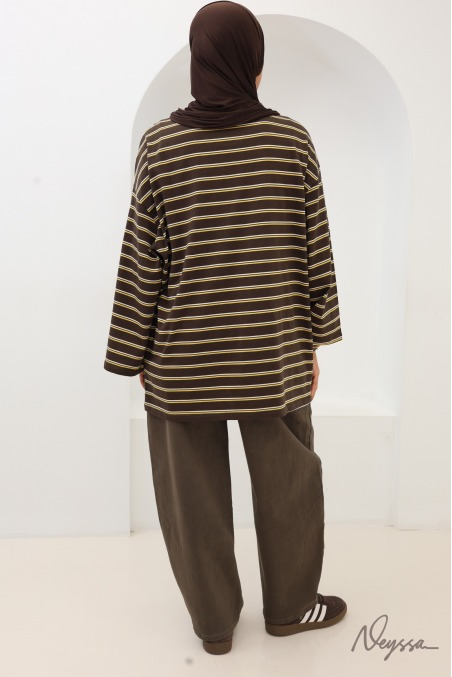 T-shirt rayé femme voilée marron | Neyssa