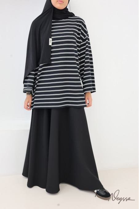 Black / White Stripes Striped Modest T-Shirt for Women | Neyssa