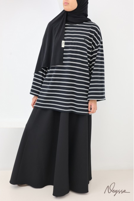 Black / White Stripes Striped Modest T-Shirt for Women | Neyssa