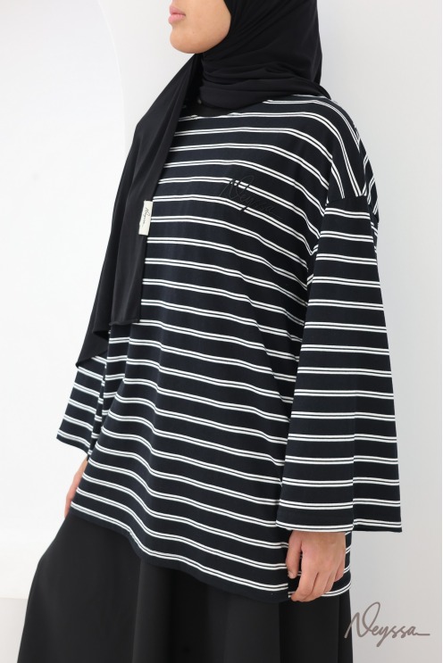 T-shirt rayé femme voilée noir / rayures blanches | Neyssa