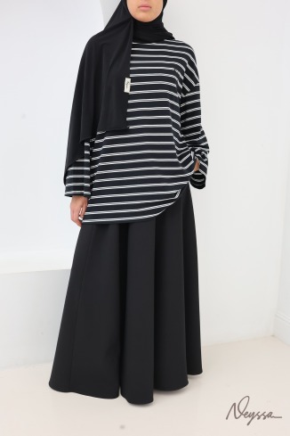 Black / White Stripes Striped Modest T-Shirt for Women | Neyssa