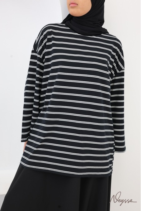 Black / White Stripes Striped Modest T-Shirt for Women | Neyssa