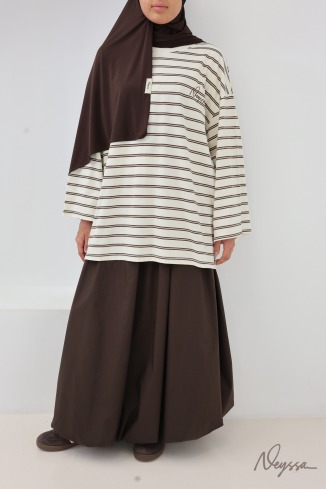 T-shirt rayé femme voilée écru / marron | Neyssa