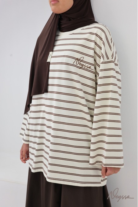 T-shirt rayé femme voilée écru / marron | Neyssa