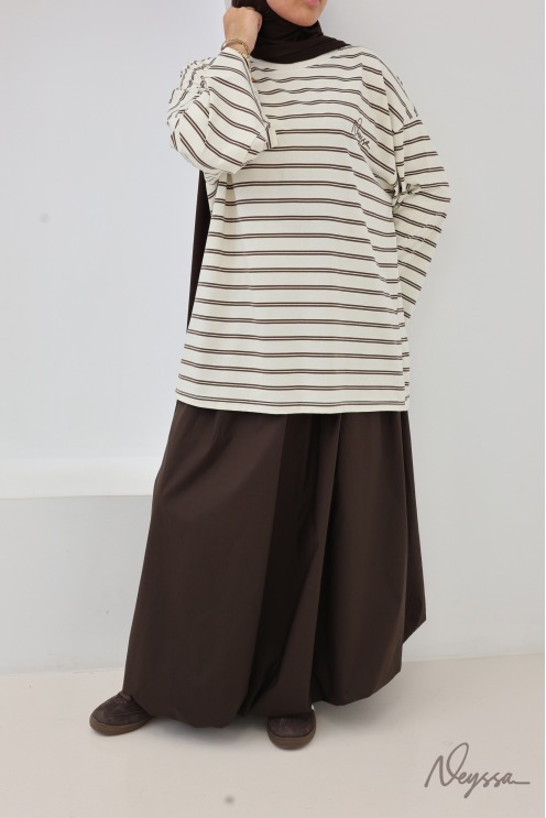 T-shirt rayé femme voilée écru / marron | Neyssa