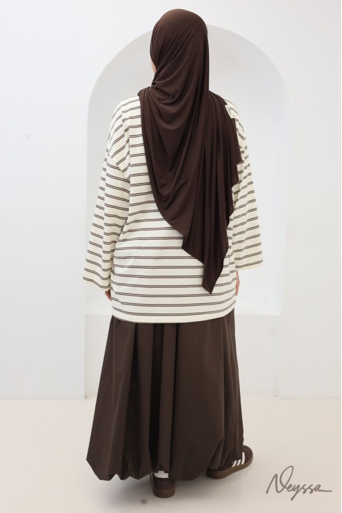 Ecru / Brown Striped Modest T-Shirt for Women | Neyssa