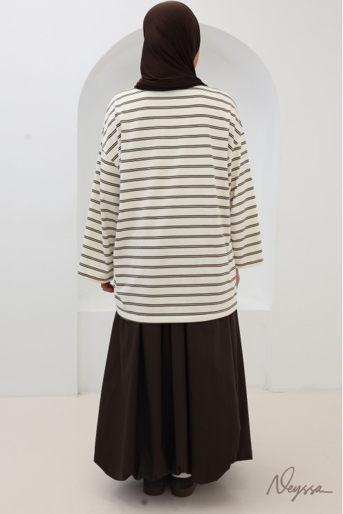 T-shirt rayé femme voilée écru / marron | Neyssa