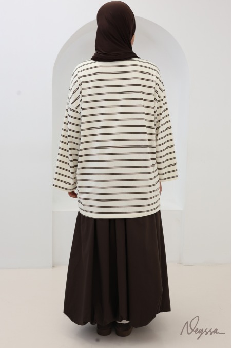T-shirt rayé femme voilée écru / marron | Neyssa