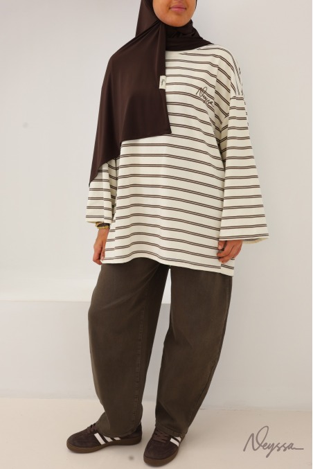 T-shirt rayé femme voilée écru / marron | Neyssa