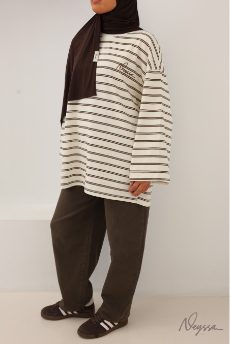 T-shirt rayé femme voilée écru / marron | Neyssa