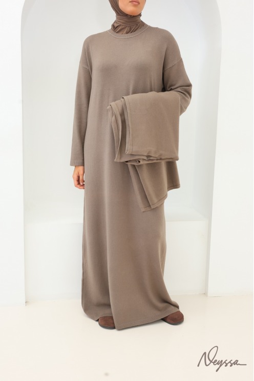 Taupe Modest Sweater Dress and Poncho Set | Neyssa