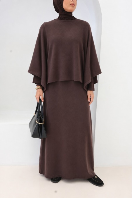 Robe pull longue et poncho chocolat femme voilée | Neyssa