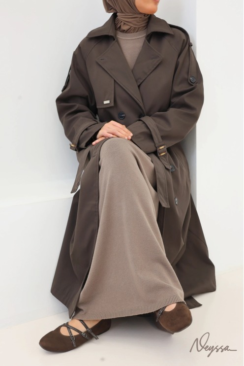 Trench long à capuche chocolat femme voilée | Neyssa
