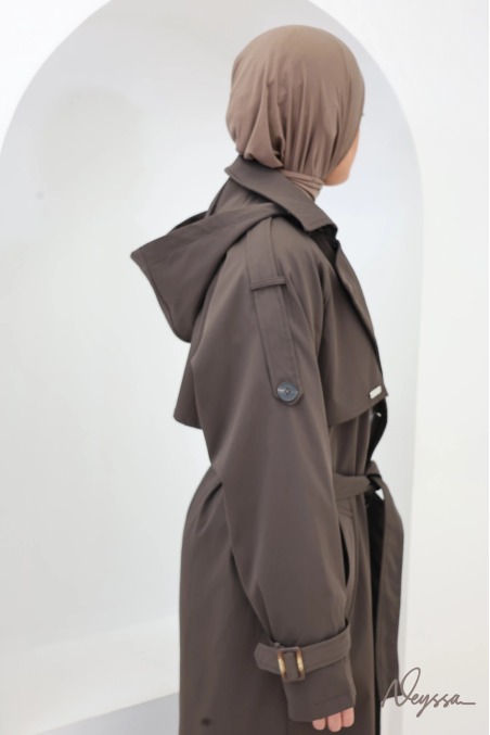 Trench long à capuche chocolat femme voilée | Neyssa