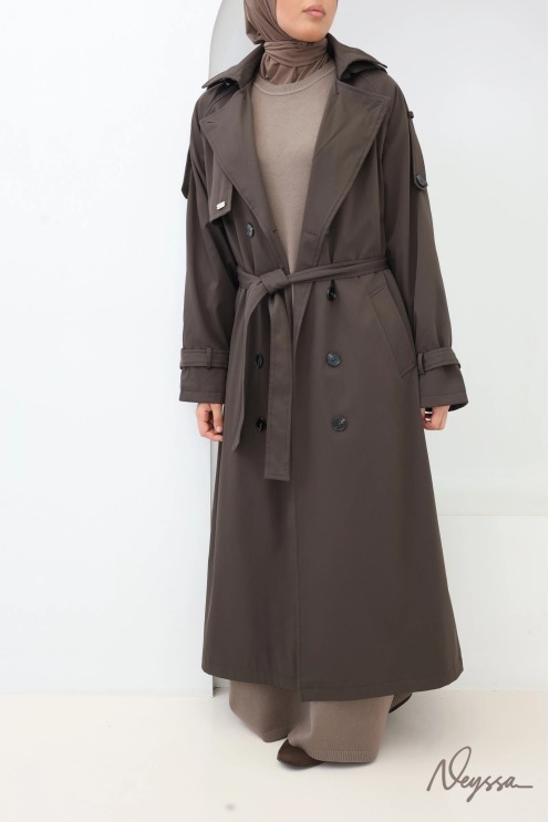 Trench long à capuche chocolat femme voilée | Neyssa