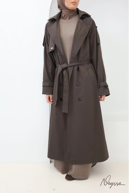 Brauner Trenchcoat lang mit Kapuze | Neyssa