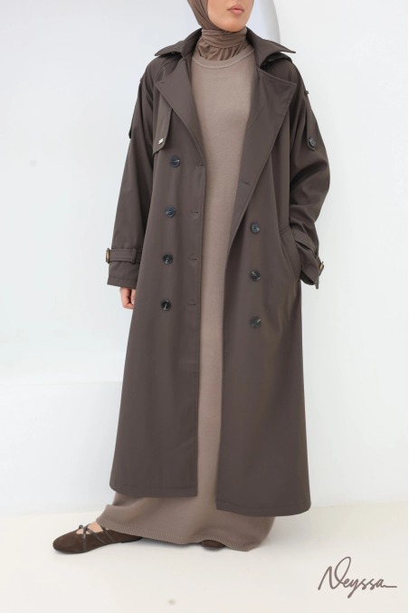 Trench long à capuche chocolat femme voilée | Neyssa