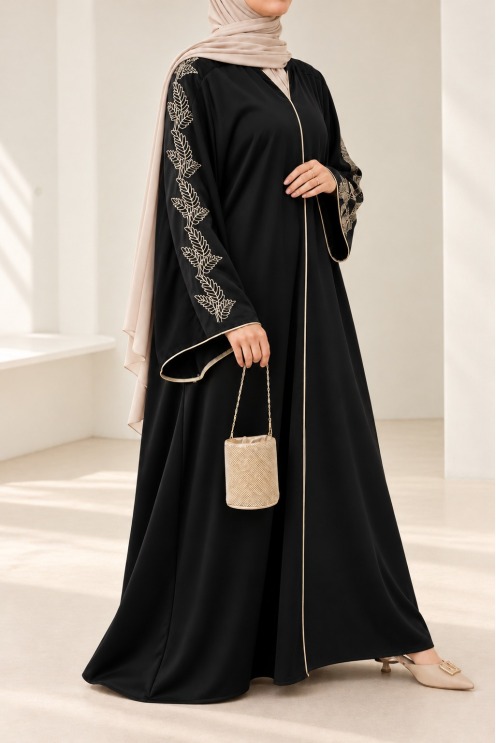 Abaya schwarz Frau mit Stickerei, moderne weite Outfit für Eid