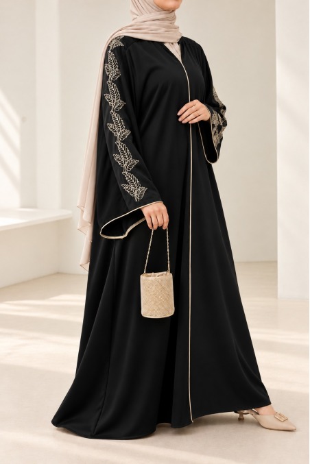 Abaya schwarz Frau mit Stickerei, moderne weite Outfit für Eid