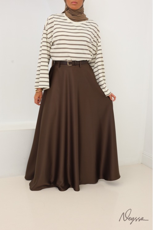 Brown satin flared maxi skirt with belt