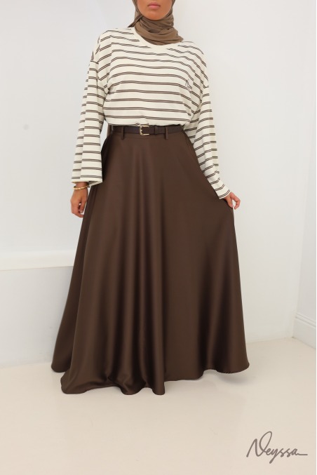 Brown satin flared maxi skirt with belt