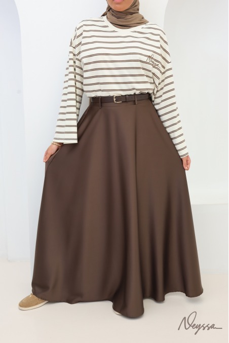 Brown satin flared maxi skirt with belt