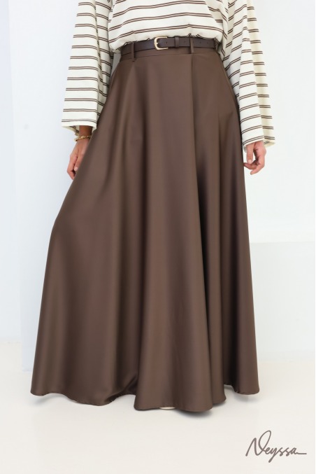 Brown satin flared maxi skirt with belt