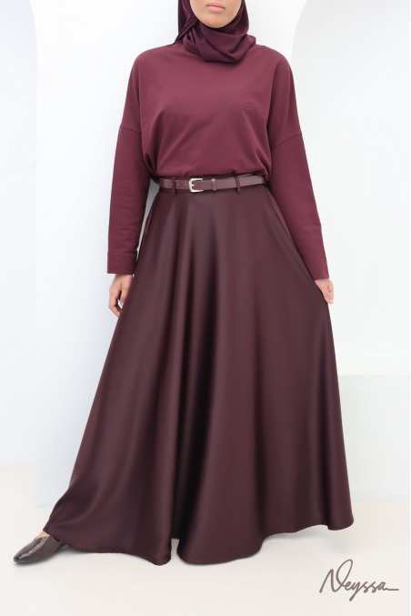 Brown satin flared maxi skirt with belt