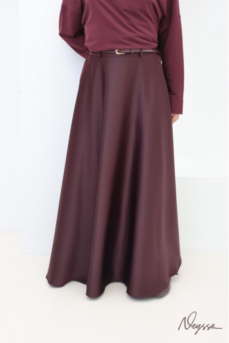 Brown satin flared maxi skirt with belt