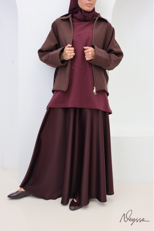 Brown satin flared maxi skirt with belt