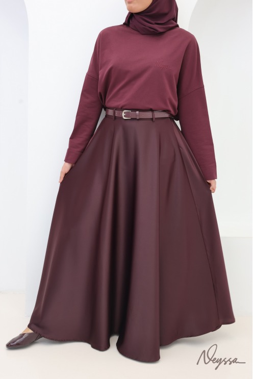 Brown satin flared maxi skirt with belt