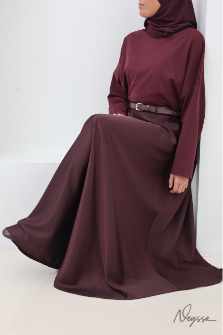 Brown satin flared maxi skirt with belt