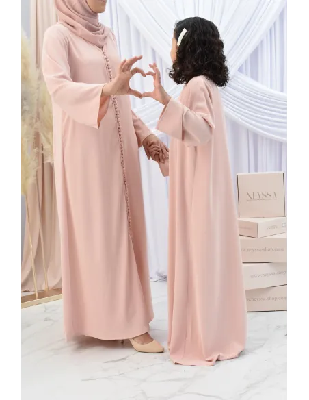 Abaya style djellaba mère ou fille avec broderies boutonnées Aïd.