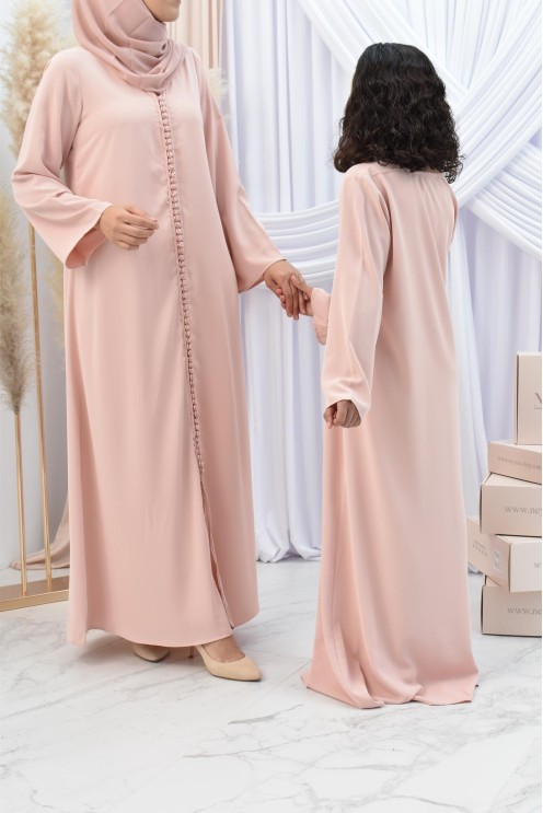 Abaya style djellaba mère ou fille avec broderies boutonnées Aïd.