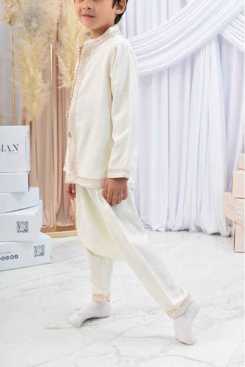 Ensemble Jabador garçon Blanc cassé avec tunique brodée et sarouel