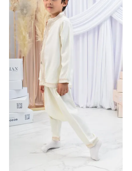 Ensemble Jabador garçon Blanc cassé avec tunique brodée et sarouel