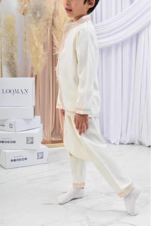 Ensemble Jabador garçon Blanc cassé avec tunique brodée et sarouel