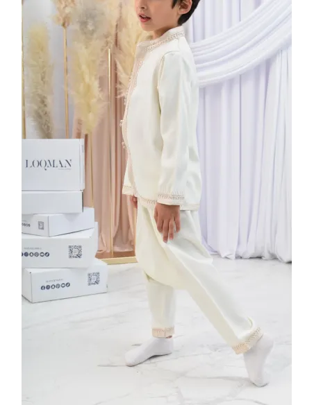 Ensemble Jabador garçon Blanc cassé avec tunique brodée et sarouel