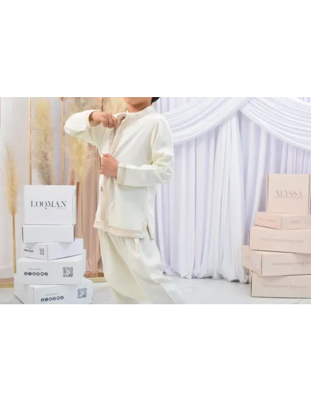 Ensemble Jabador garçon Blanc cassé avec tunique brodée et sarouel