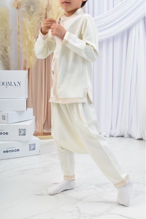 Ensemble Jabador garçon Blanc cassé avec tunique brodée et sarouel
