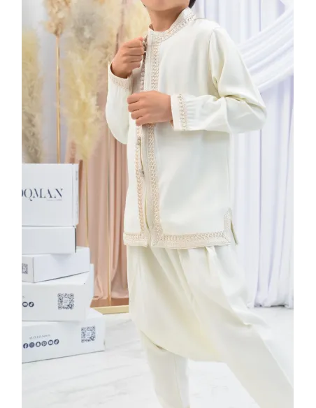 Ensemble Jabador garçon Blanc cassé avec tunique brodée et sarouel