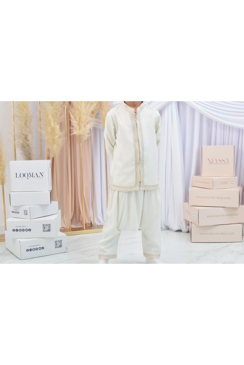Ensemble Jabador garçon Blanc cassé avec tunique brodée et sarouel